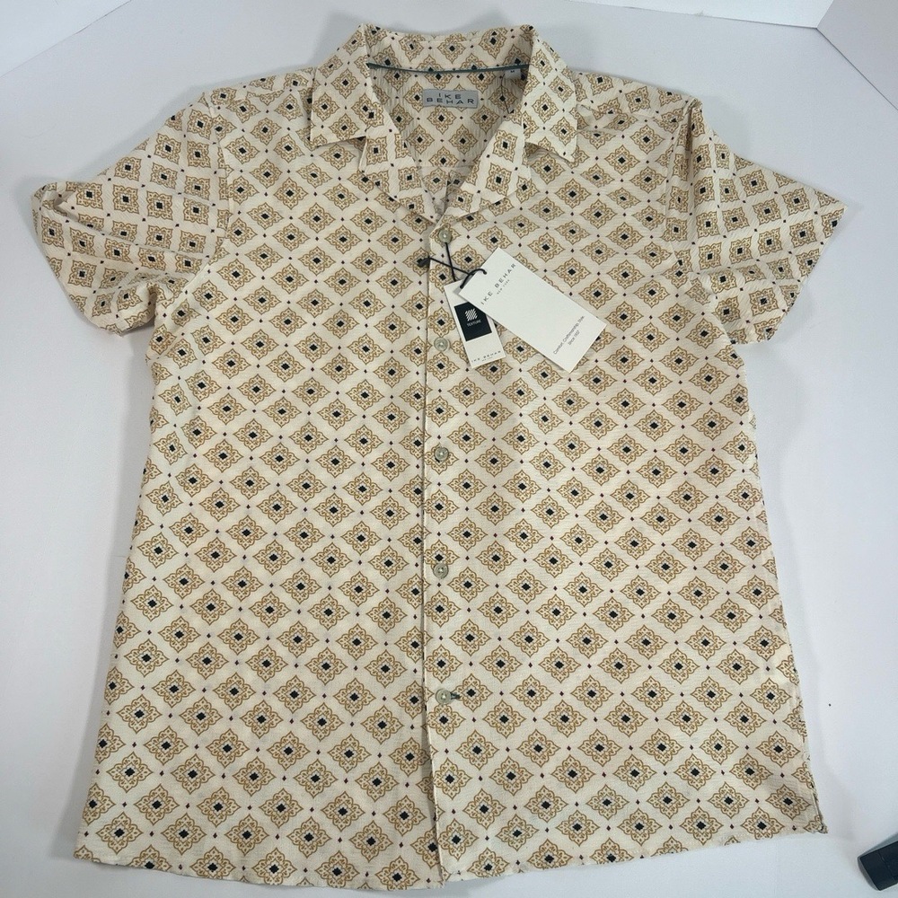 NWT IKE BEHAR Mens Medium Cream Geometric Short Sleeve Button Down Shirt - Picture 2 of 9